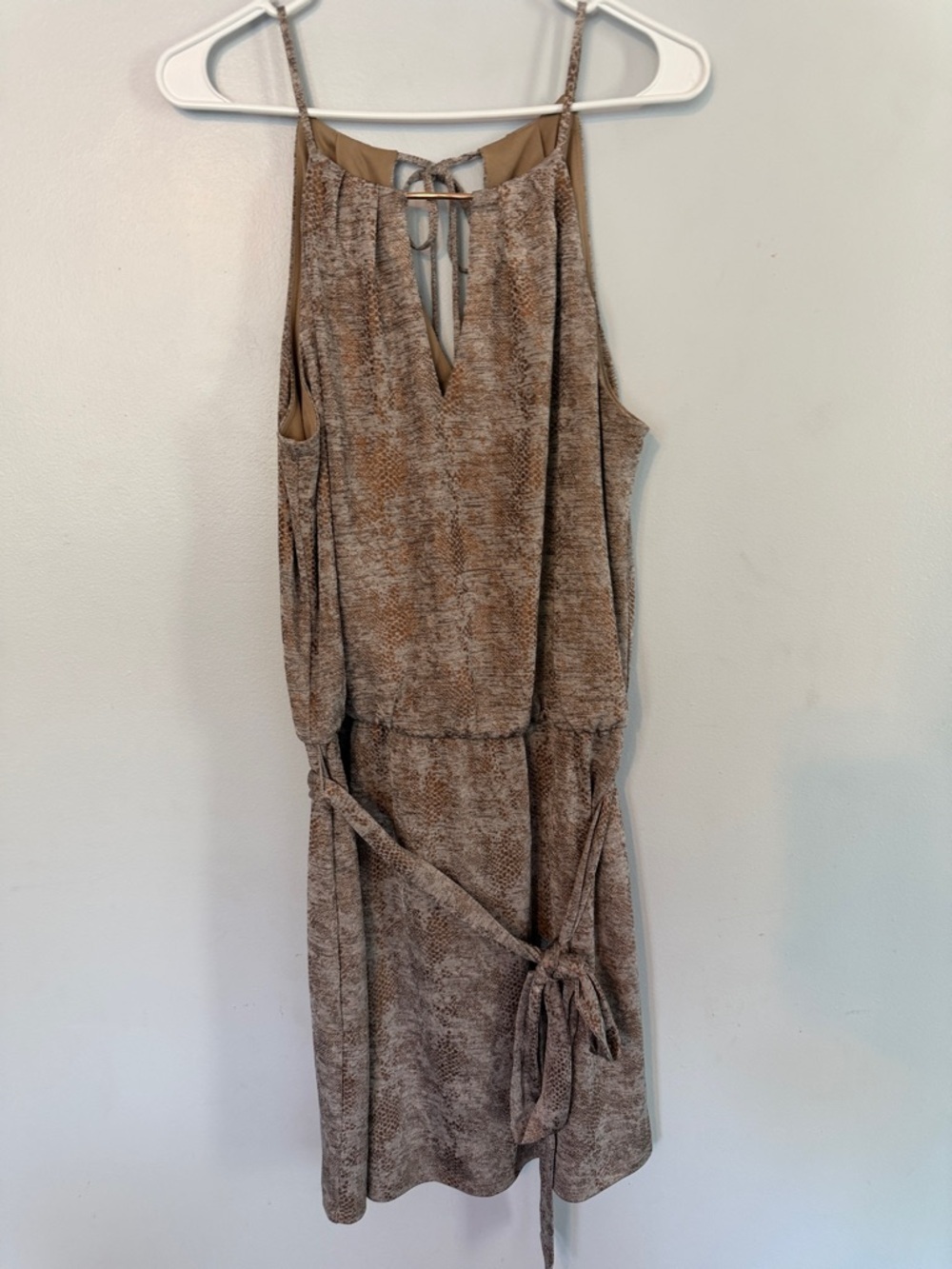 White House Black Market Taupe Brown/Copper Printed Tie-Waist Mini Dress